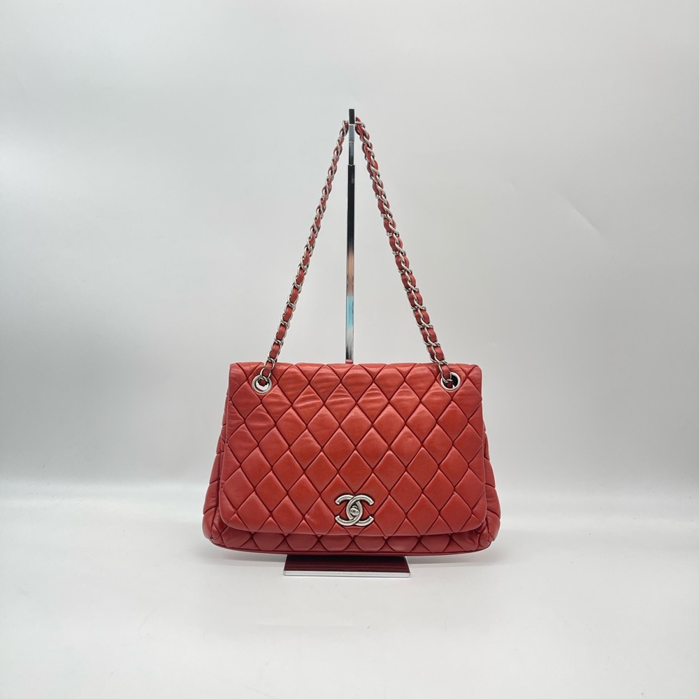 CHANEL Red Orange Leather Classic Flap Shoulder Bag